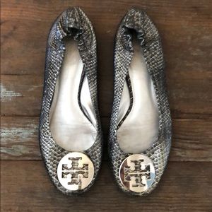 Tory Burch black and silver snake skin flats